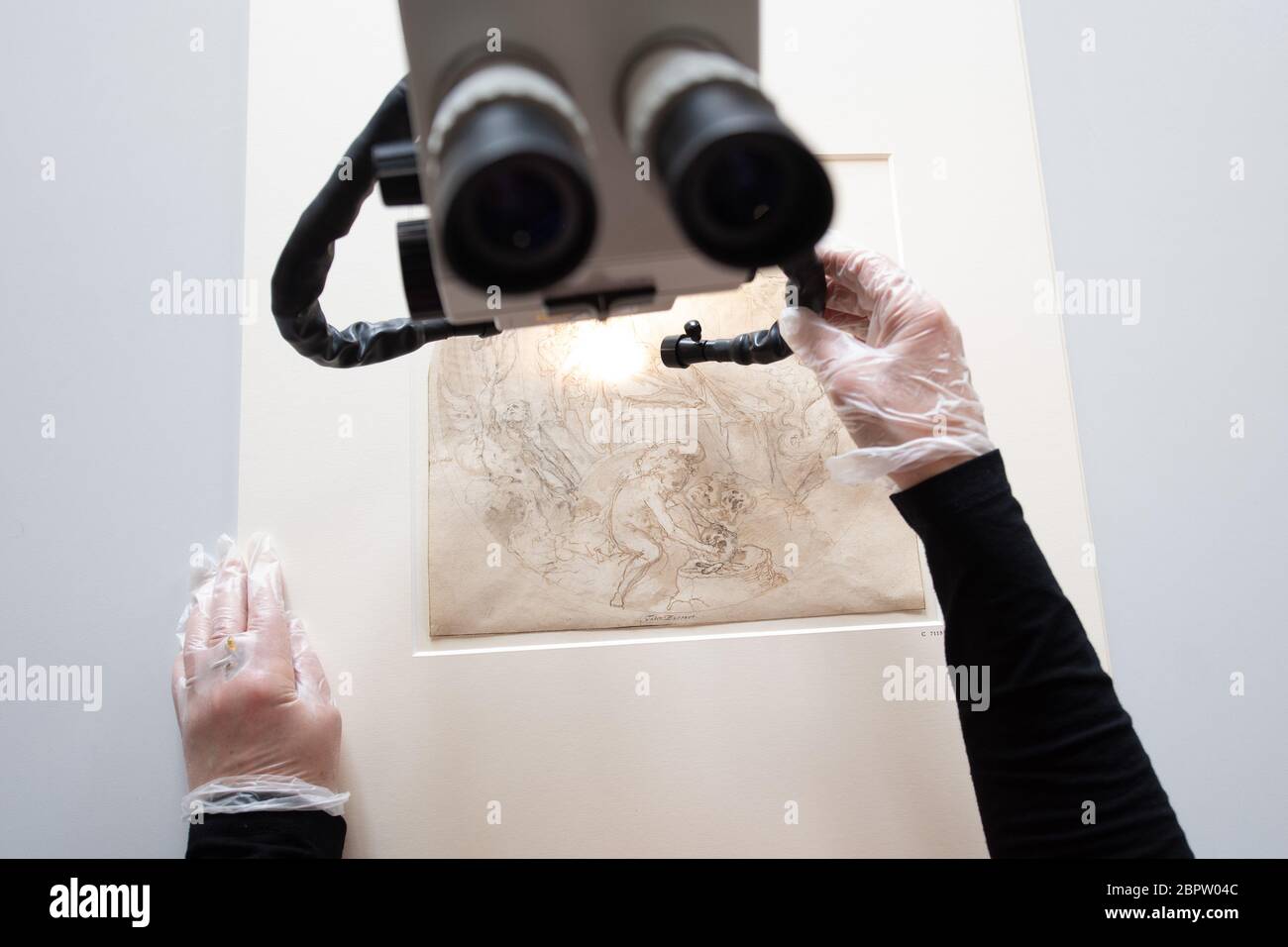 Dresda, Germania. 16 Apr 2020. Wiebke Schneider, restauratore Kupferstich-Kabinet, ispeziona il disegno 'Allegoria del sonno' di Taddeo Zuccari con un microscopio nel laboratorio di restauro del Kupferstich-Kabinet. Il Kupferstich-Kabinet festeggia quest'anno il suo 300° anniversario con una mostra per l'anniversario. Credit: dpa/dpa-Zentralbild/dpa/Alamy Live News Foto Stock