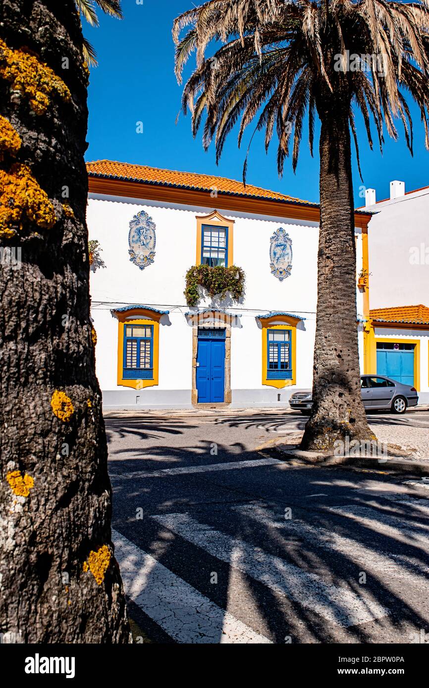 Bell'edificio bianco art deco con finiture blu e giallo incorniciato da due palme ad Aveiro, Portogallo Foto Stock