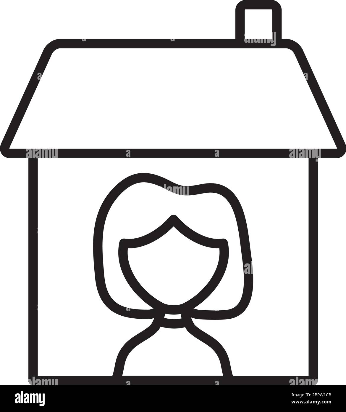 Concetto di soggiorno a casa, icona di donna cartone animato in casa su sfondo bianco, stile di linea, illustrazione vettoriale Illustrazione Vettoriale