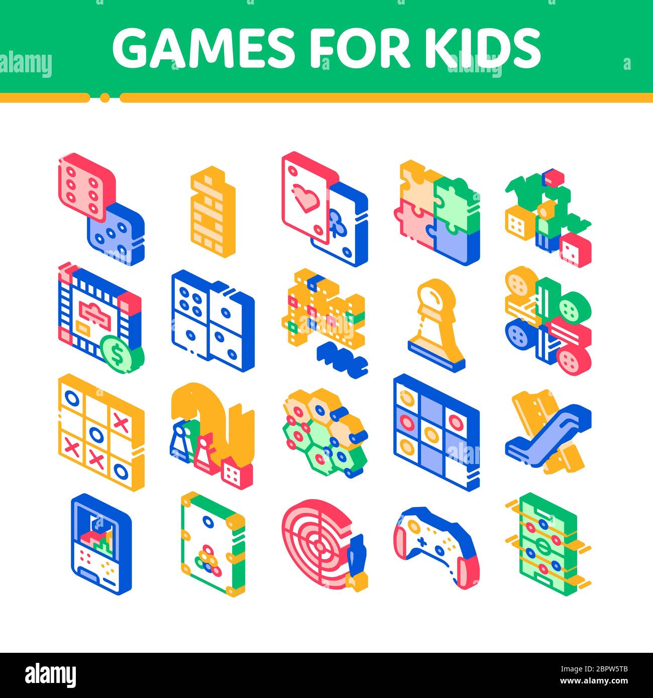 Giochi interattivi per bambini Set di icone isometriche vettoriali Illustrazione Vettoriale