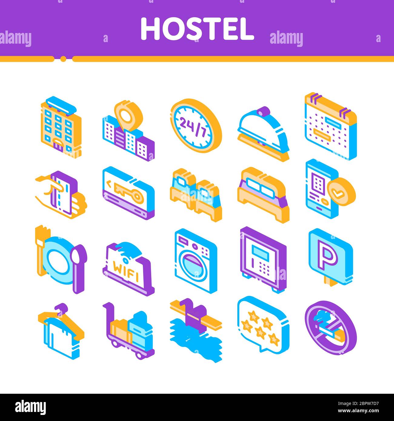 Set icone del segno Isometrico del vettore Hostel Illustrazione Vettoriale