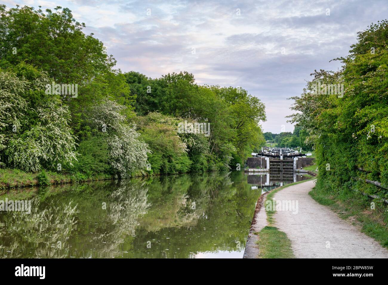 Hatton si blocca sul canale Grand Union la mattina presto in primavera. Hatton, Warwickshire, Inghilterra Foto Stock