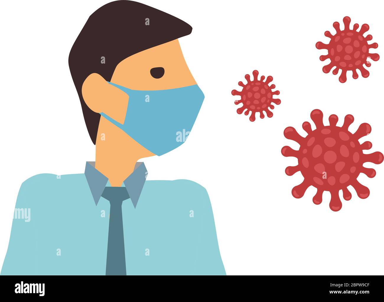 Uomo con coronavirus COVID-2019 viruson isolato su sfondo bianco. Illustrazione vettoriale dei caratteri cartoni animati. Illustrazione Vettoriale
