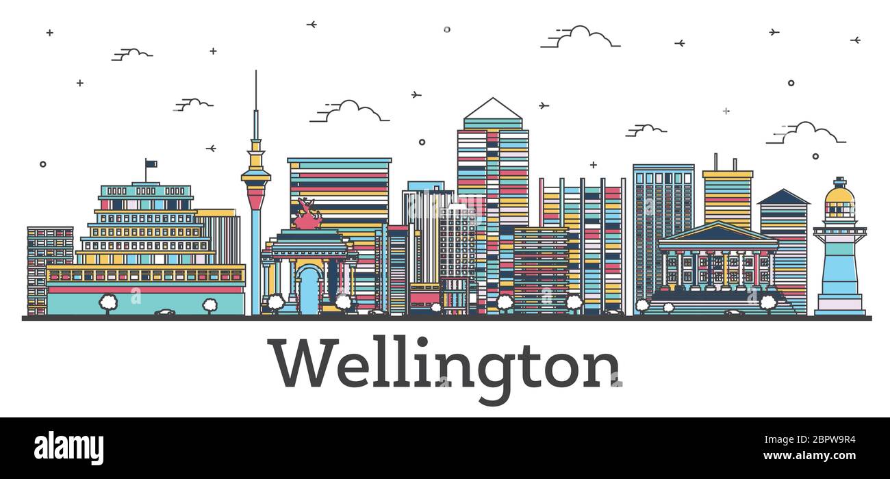 Profilo Wellington New Zealand City Skyline con edifici a colori isolati su bianco. Illustrazione vettoriale. Wellington con monumenti storici. Illustrazione Vettoriale