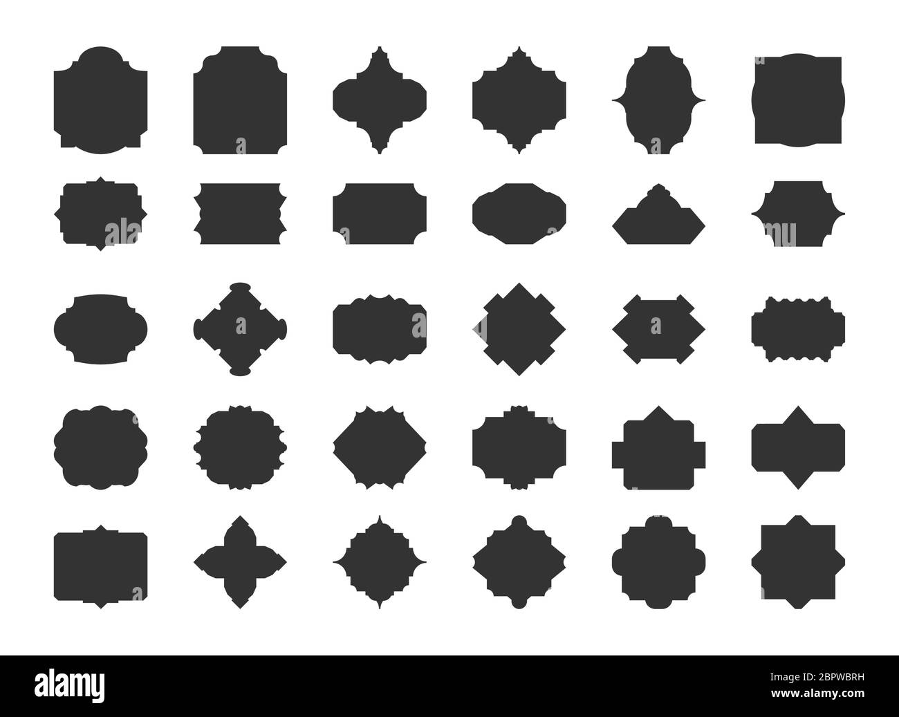 Set di silhouette vintage con etichette nere. Etichetta prezzo di vendita vuota. Forma diversa modello glifo vuoto per il biglietto, banner di testo, invito al matrimonio, menu. Adesivo Elegance, illustrazione vettoriale isolata Illustrazione Vettoriale