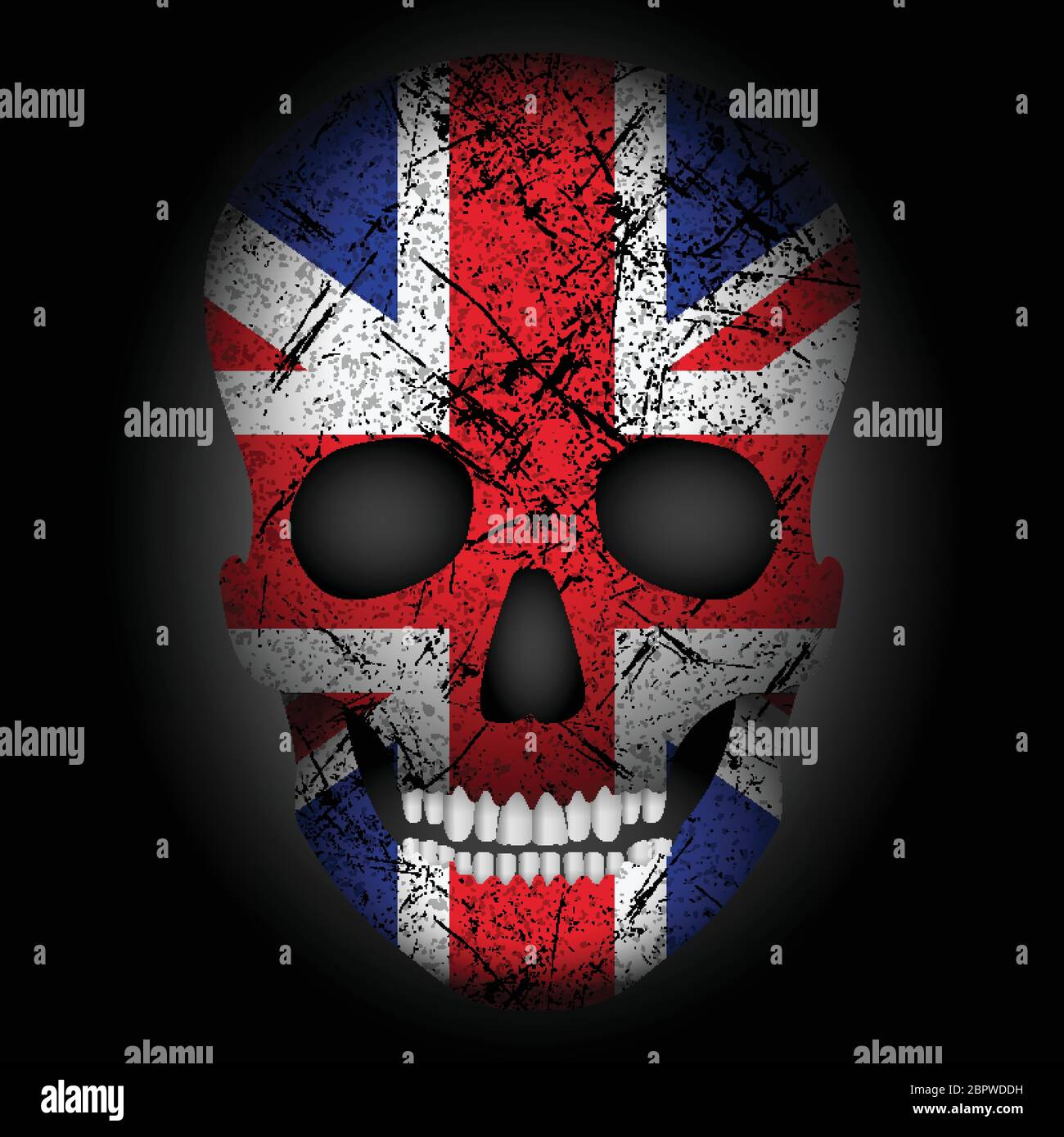 Cranio bandiera REGNO UNITO su uno sfondo nero. Illustrazione Vettoriale. Illustrazione Vettoriale
