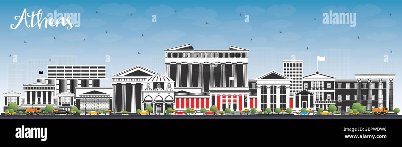 Atene Grecia skyline della città con edifici a colori e cielo blu. Illustrazione vettoriale. Illustrazione Vettoriale