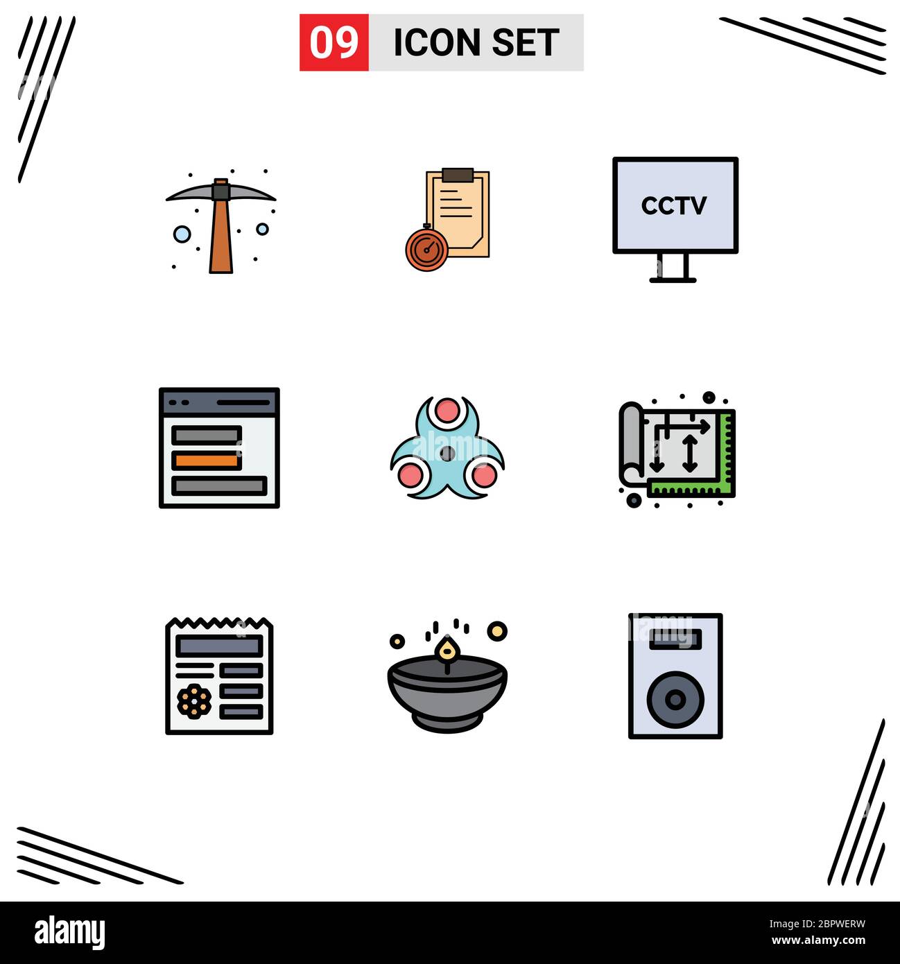 Confezione di icone vettoriali da 9 simboli e simboli per pericolo, interfaccia, telecamera, contatto, elementi di progettazione vettoriale editabili video Illustrazione Vettoriale