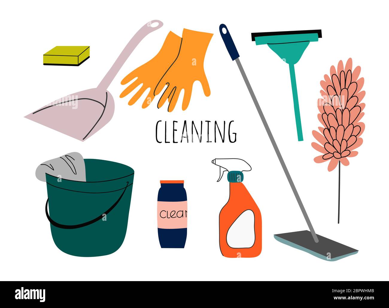 Illustrazione piatta del servizio di pulizia. Set di oggetti isolati per servizi di pulizia di case con varie attrezzature e utensili di pulizia. Illustrazione Vettoriale