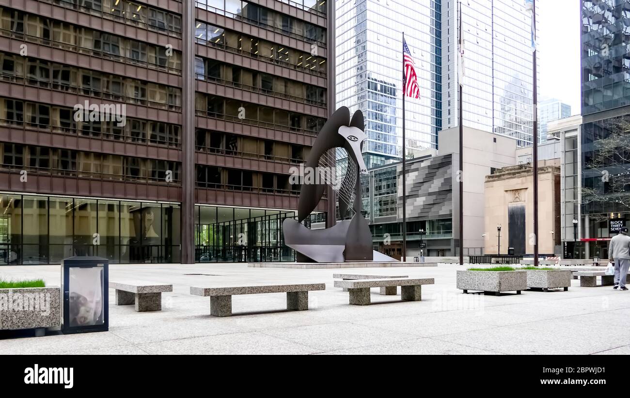 Vista del Picasso di Chicago, una scultura monumentale senza titolo di Pablo Picasso in Daley Plaza. Foto Stock