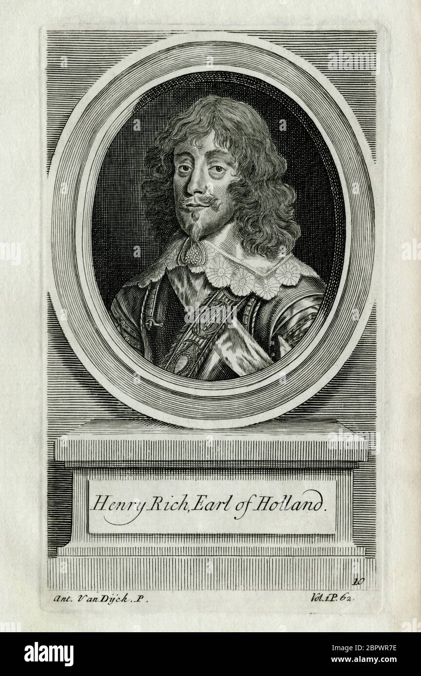 Henry Rich, 1st conte d'Olanda (1590-1649), un pari, cortigiano e soldato  inglese che ha cambiato due volte le parti durante le Guerre civili  inglesi. Incisione creata negli anni '1700s, dopo un ritratto