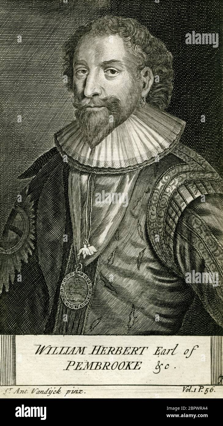 William Herbert, 3rd conte di Pembroke (1580-1630), fondatore del Pembroke College, Oxford, e patrono delle arti Incisione creata negli anni '1700s da George Vertue (1683-1756), dopo un ritratto di Daniel Mytens (1590-1647), a sua volta basato su un dipinto di Sir Anthony van Dyck (1599-1641). Foto Stock