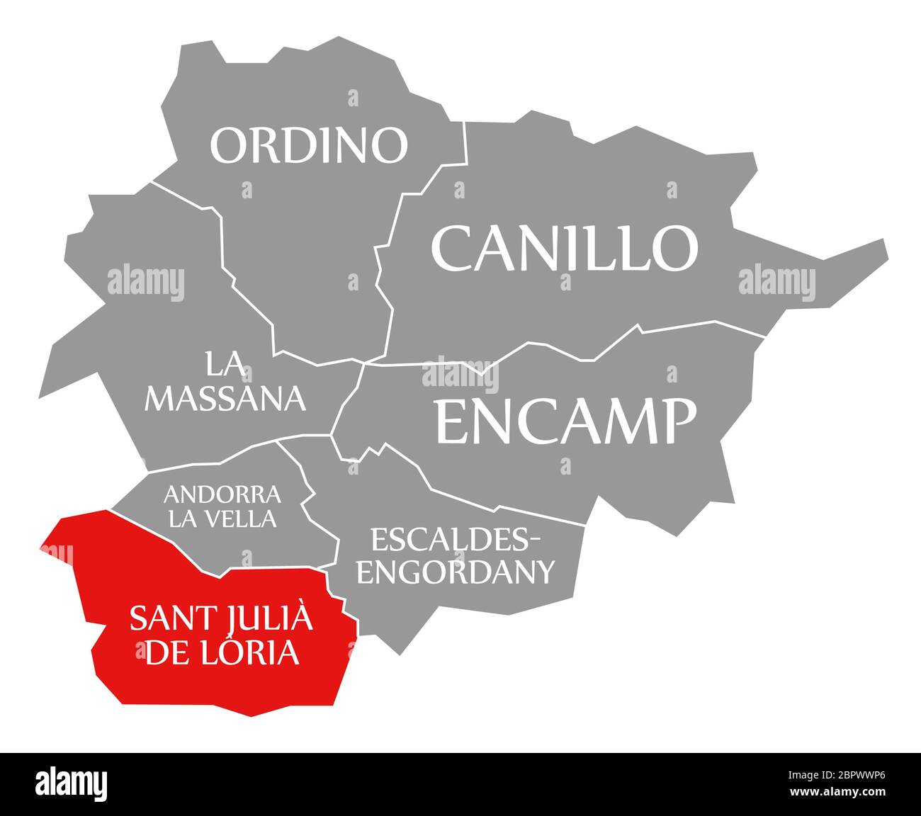 Sant Julia De Loria rosso evidenziato sulla mappa di Andorra Foto Stock