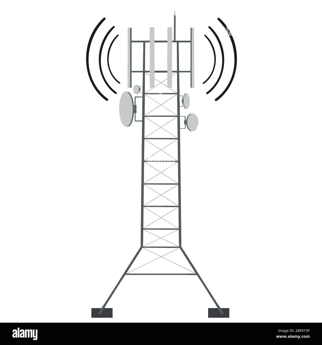 Torre di telecomunicazione di cellulari 4G e 5G. Stazione base del sito cellulare isolata su sfondo bianco. Trasmettitore antenna di comunicazione wireless. Piatto s Foto Stock