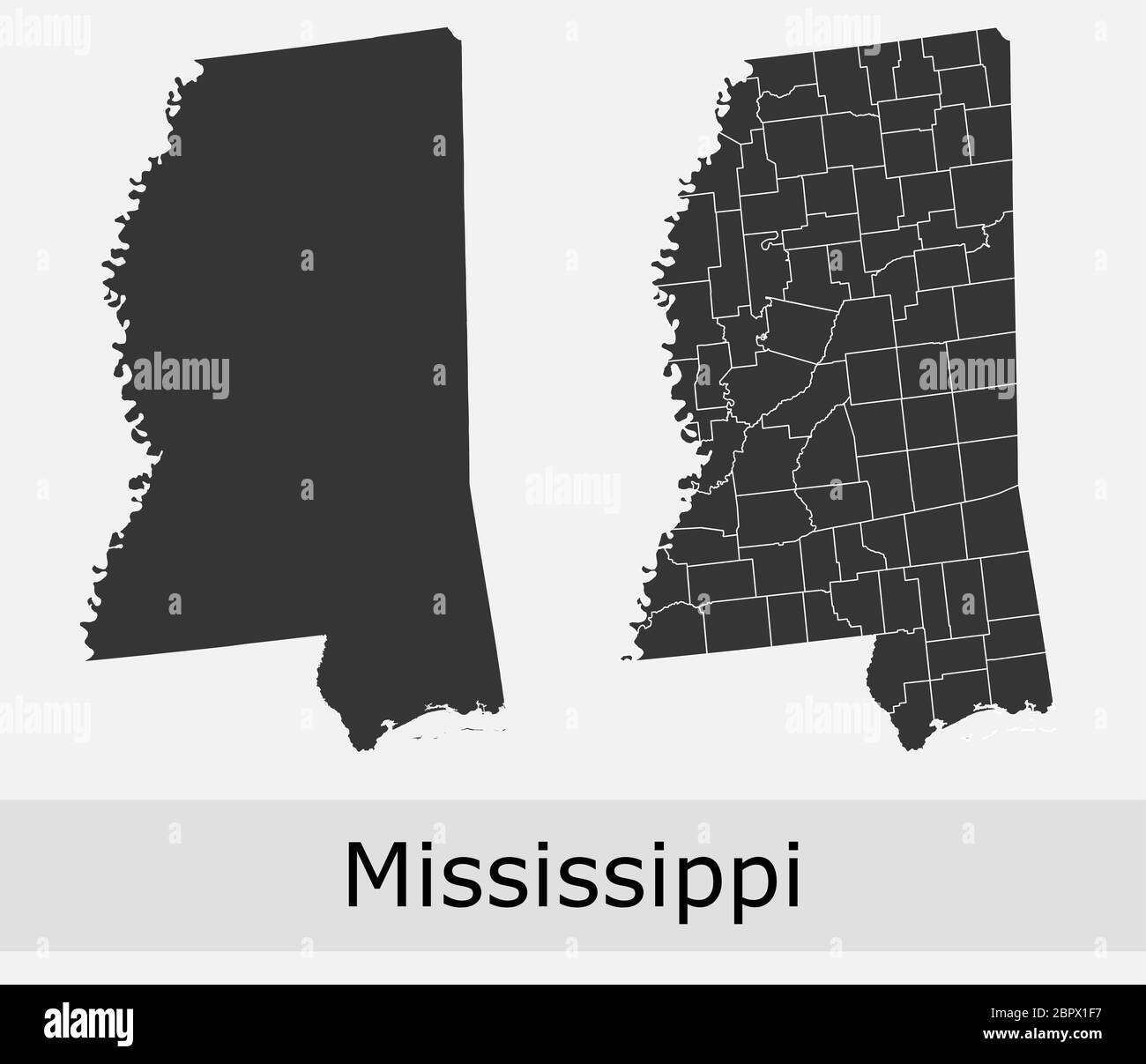 Mississippi mappe vettoriali contorni contee, comuni, regioni, comuni, dipartimenti, frontiere Illustrazione Vettoriale
