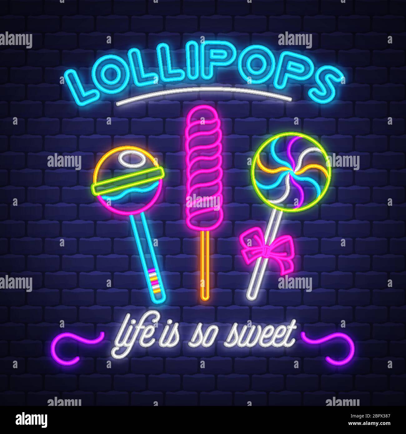 Negozio di lecca-Néon Sign Vector. Lollipops Shop - cartello al neon su sfondo murario, elemento di design, banner luminoso, cartello al neon, coscia Illustrazione Vettoriale
