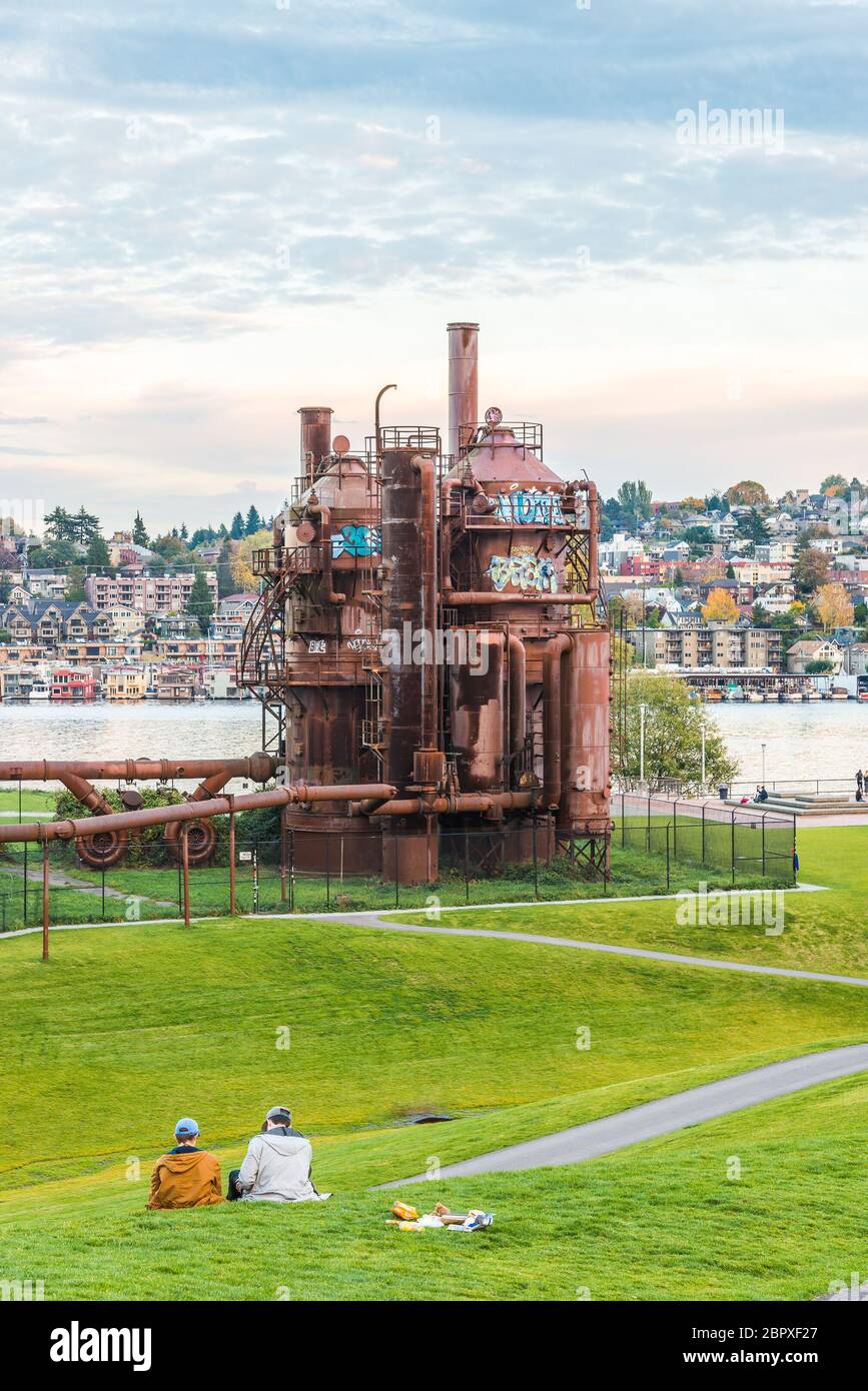 Gas Works Park in giornata di sole quasi tramonto, Seattle, Washington, USA. Foto Stock