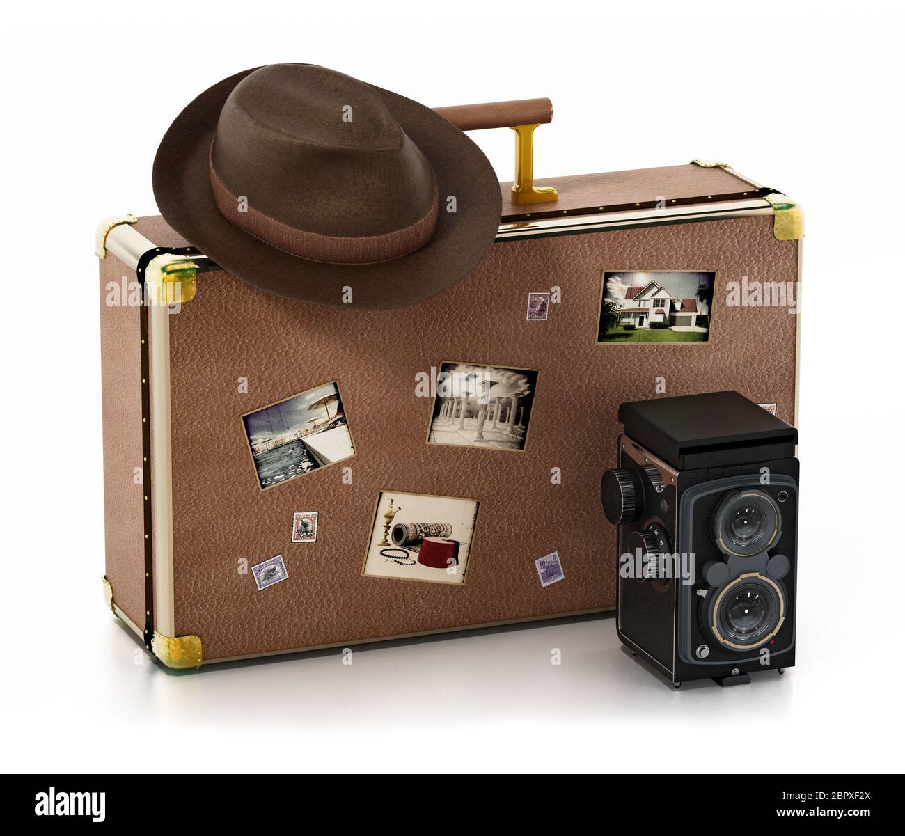 Fotocamera e cappello vintage in piedi su valigia con vecchie foto. Le immagini sulle foto provengono dal mio portafoglio. Illustrazione 3D. Foto Stock