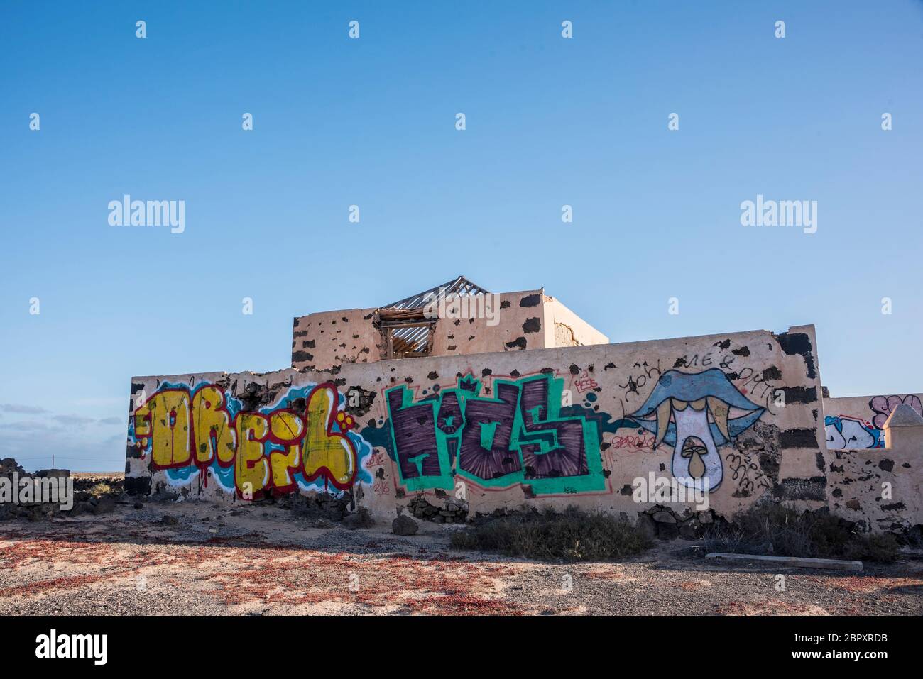 Derelict Farm Building in zona remota nel nord di Fuerteventura, Isole Canarie Foto Stock