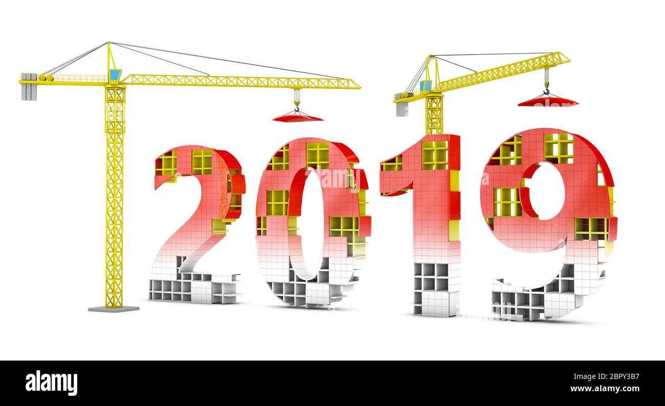 Due gru a torre la costruzione di una figura volumetrica del 2019. 3D render. Foto Stock