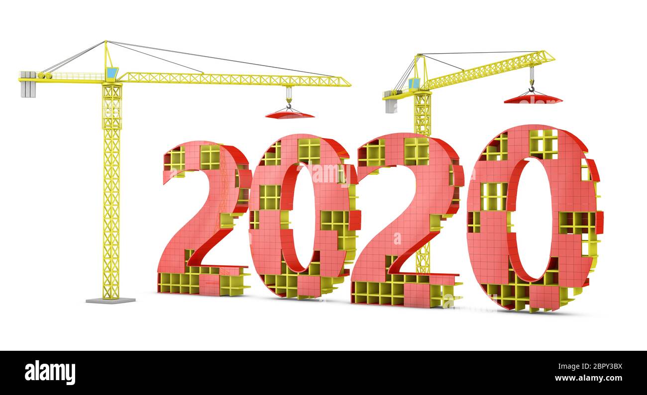 Due gru a torre la costruzione di una figura volumetrica del 2020. 3D render. Foto Stock