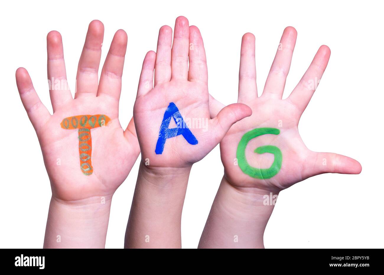 Bambini mani costruire Word Tag significa giorno, sfondo isolato Foto Stock