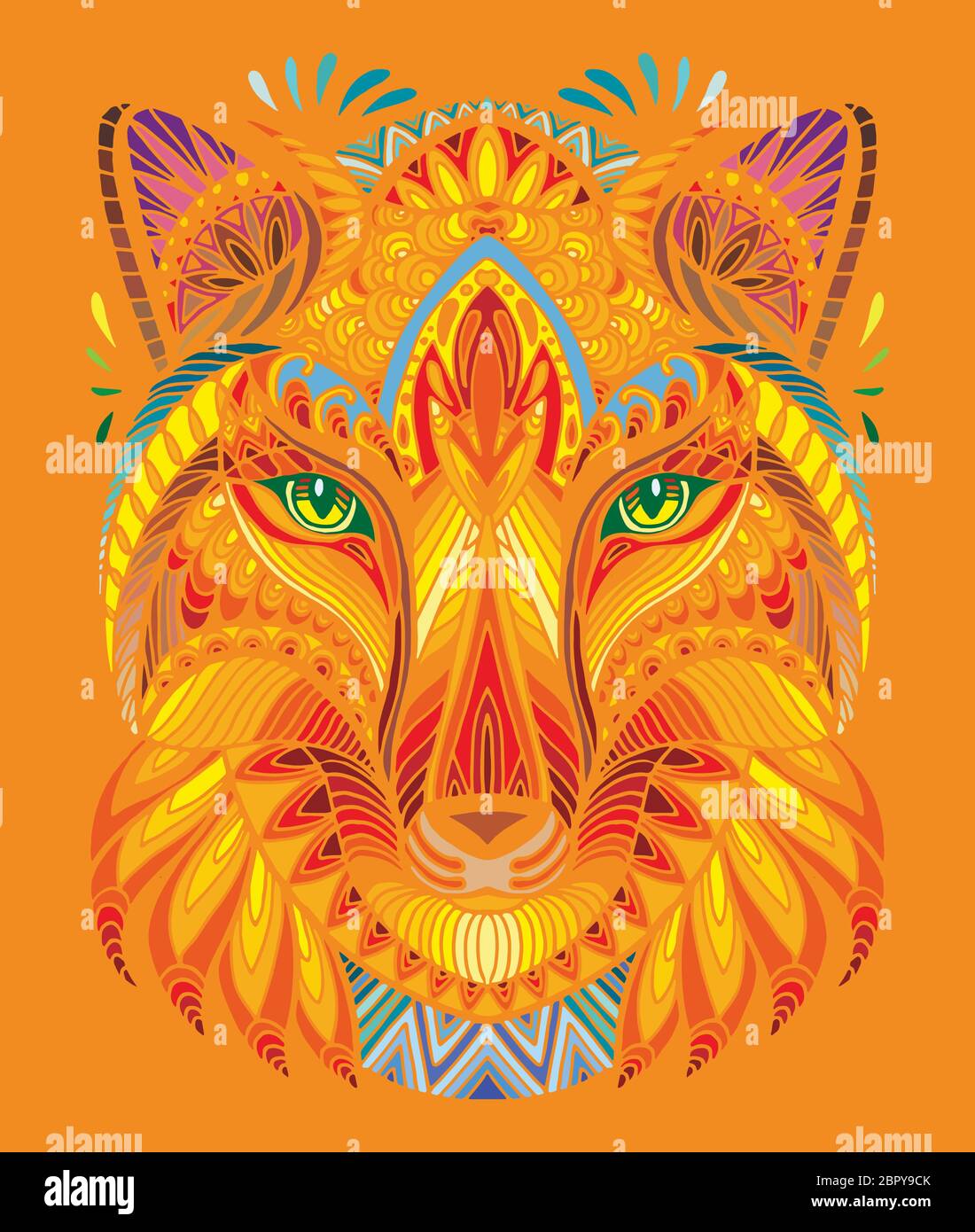 Vettore decorativo doodle testa ornamentale di volpe. Vettore astratto colorato illustrazione della testa di volpe isolato su sfondo arancione. Illustrazione del magazzino f Illustrazione Vettoriale