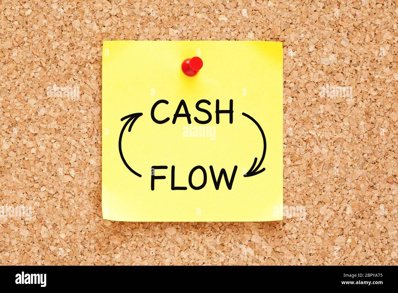 Concetto di frecce aziendali di Cash Flow scritto a mano su una nota adesiva gialla fissata su una bacheca in sughero. Foto Stock