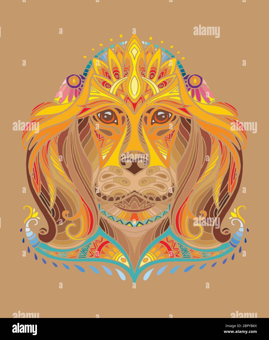 Vettore decorativo doodle testa ornamentale del cane. Vettore astratto colorato illustrazione della testa del cane isolato su sfondo marrone. Illustrazione del magazzino per Illustrazione Vettoriale