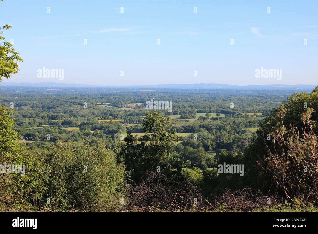 Vista sulle colline Surrey da Hurtwood Common Foto Stock