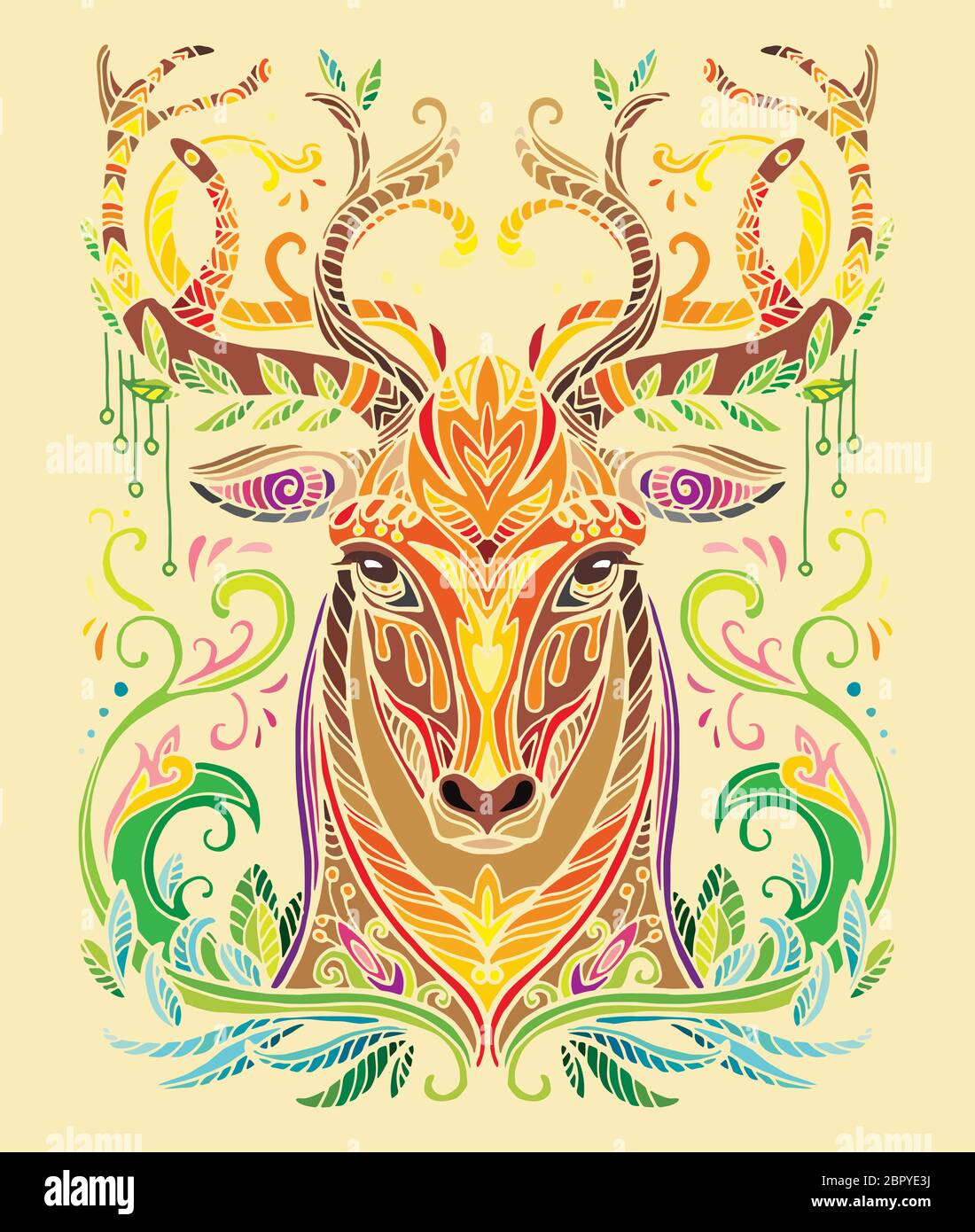 Vettore decorativo doodle testa ornamentale di cervo. Vettore astratto colorato illustrazione della testa del leone isolato su sfondo giallo. Illustrazione del magazzino Illustrazione Vettoriale