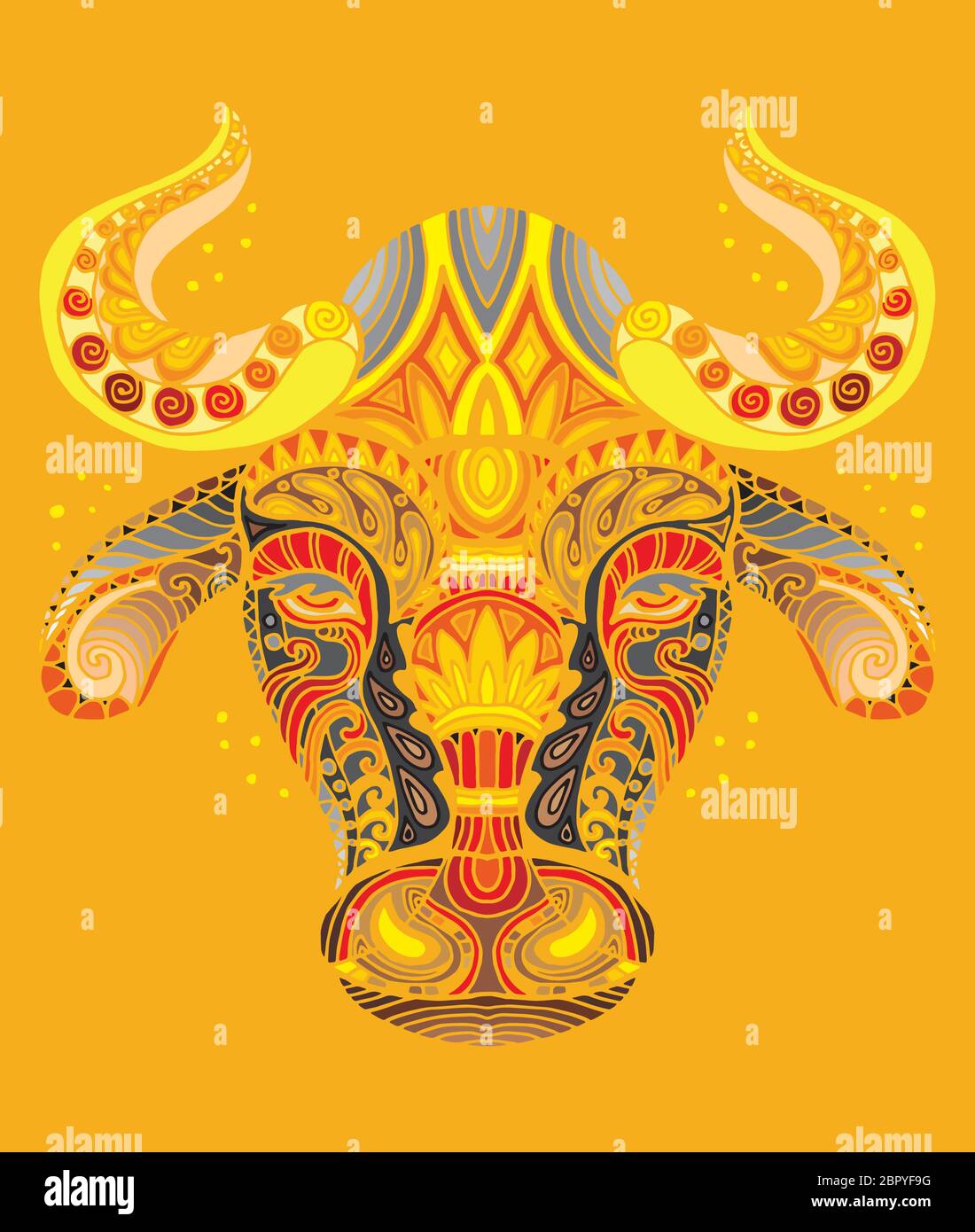 Vettore decorativo doodle testa ornamentale di toro. Vettore astratto colorato illustrazione della testa di toro isolato su sfondo arancione. Illustrazione delle scorte Illustrazione Vettoriale
