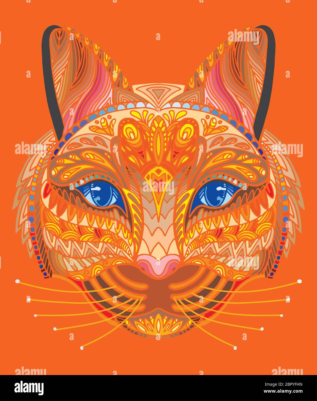 Vettore decorativo doodle testa ornamentale del gatto. Vettore astratto colorato illustrazione della testa di gatto isolato su sfondo arancione. Illustrazione del magazzino f Illustrazione Vettoriale