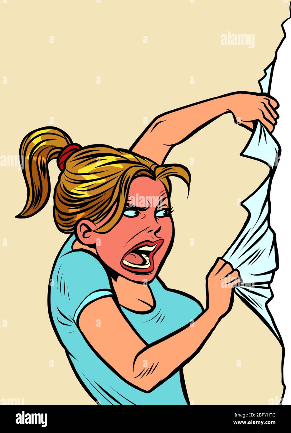 Donna arrabbiata straccia la parete di carta Illustrazione Vettoriale