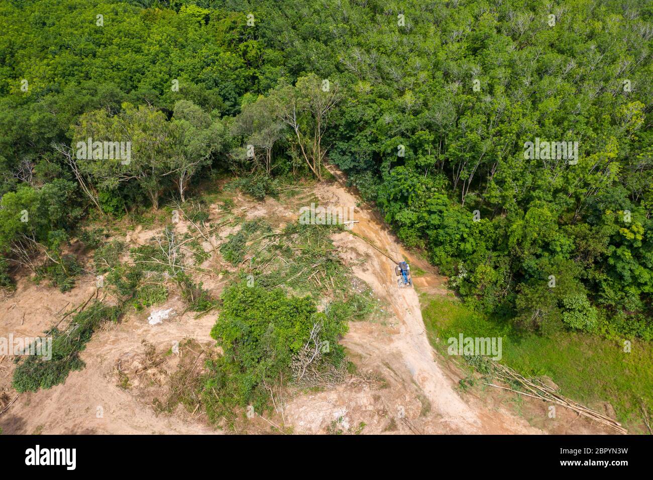 Vista aerea della deforestazione di una foresta pluviale tropicale per far posto alle piantagioni di petrolio di palma e di legname che contribuiscono al cambiamento climatico e ai warmi globali Foto Stock
