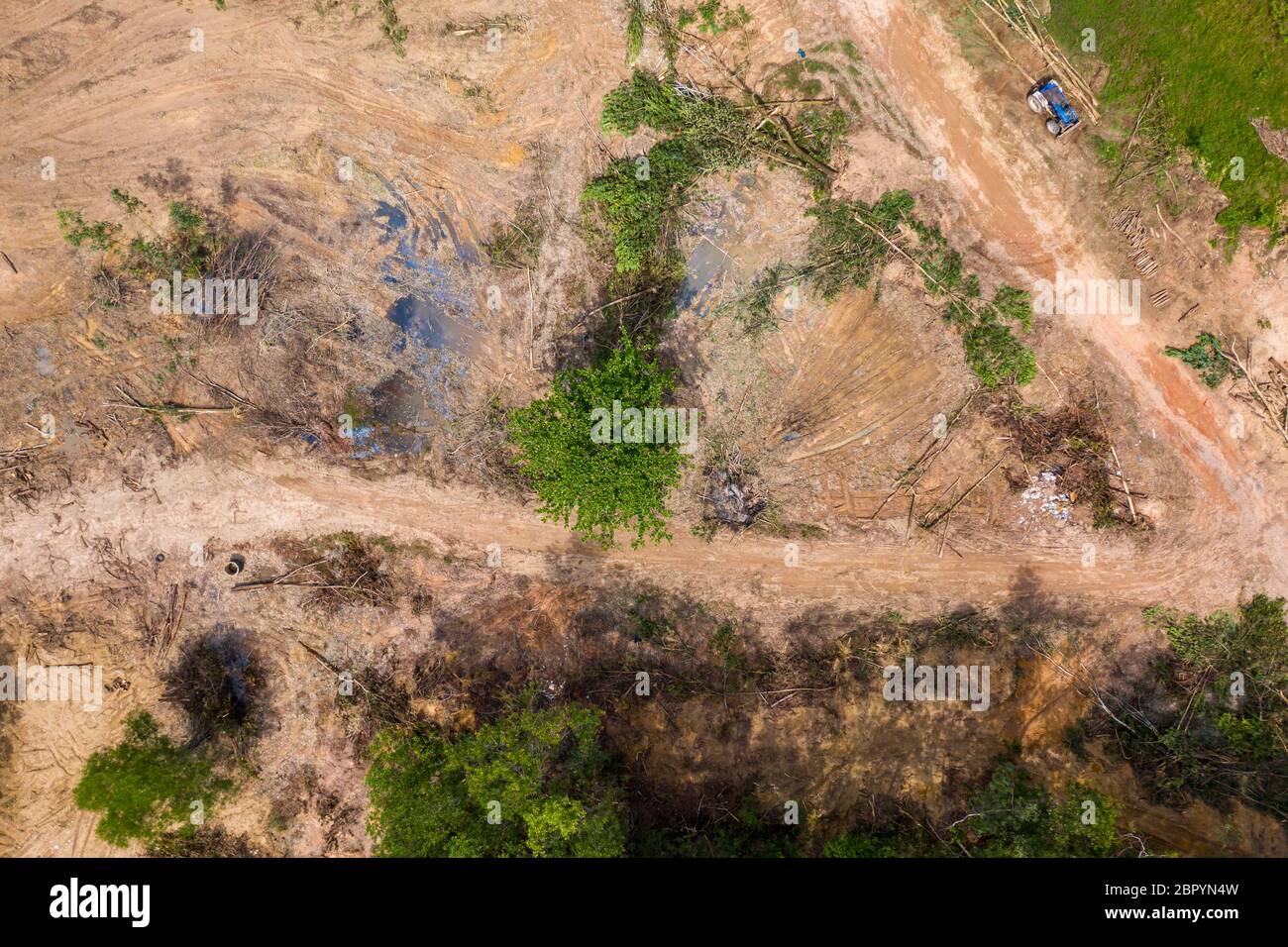 Vista aerea della deforestazione di una foresta pluviale tropicale per far posto alle piantagioni di petrolio di palma e di legname che contribuiscono al cambiamento climatico e ai warmi globali Foto Stock