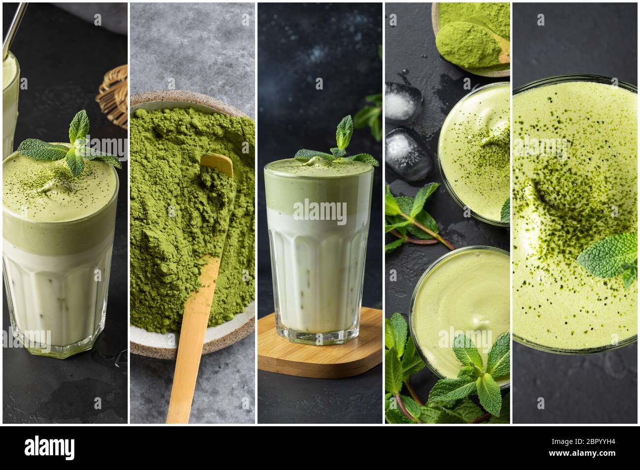 Collage di tè Matcha Dalgona Iced con tè montato e latte freddo su scuro e nero. Gustoso drink alla moda. Foto Stock