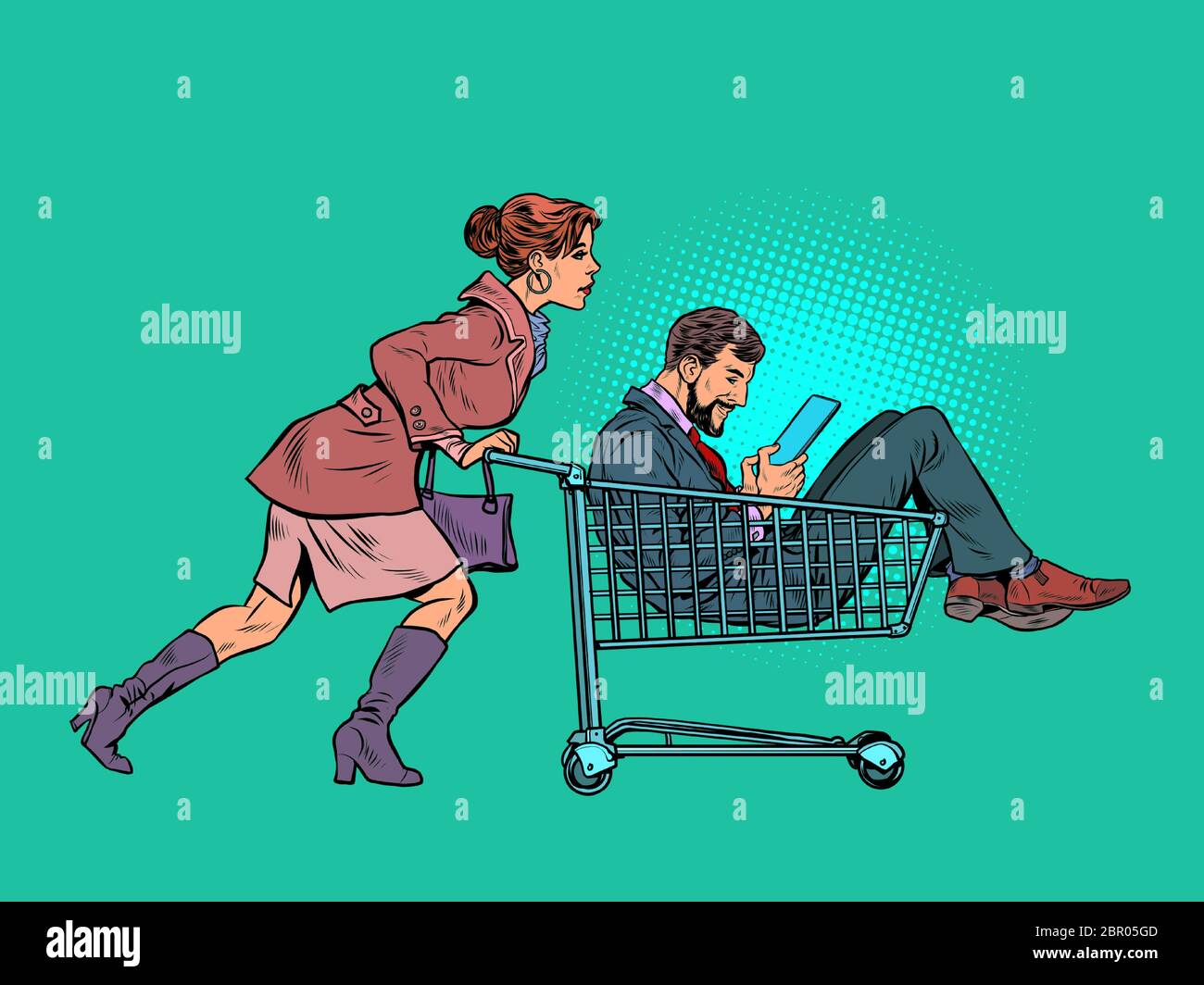 Donna con un uomo in un carrello di shopping in un supermercato Illustrazione Vettoriale