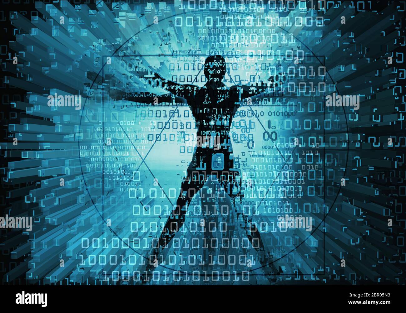 Uomo Vitruviano moderno e dati informatici. Grunge futuristico stilizzato Illustrazione di uomo vitruviano blu con codici binari distrutti. Foto Stock