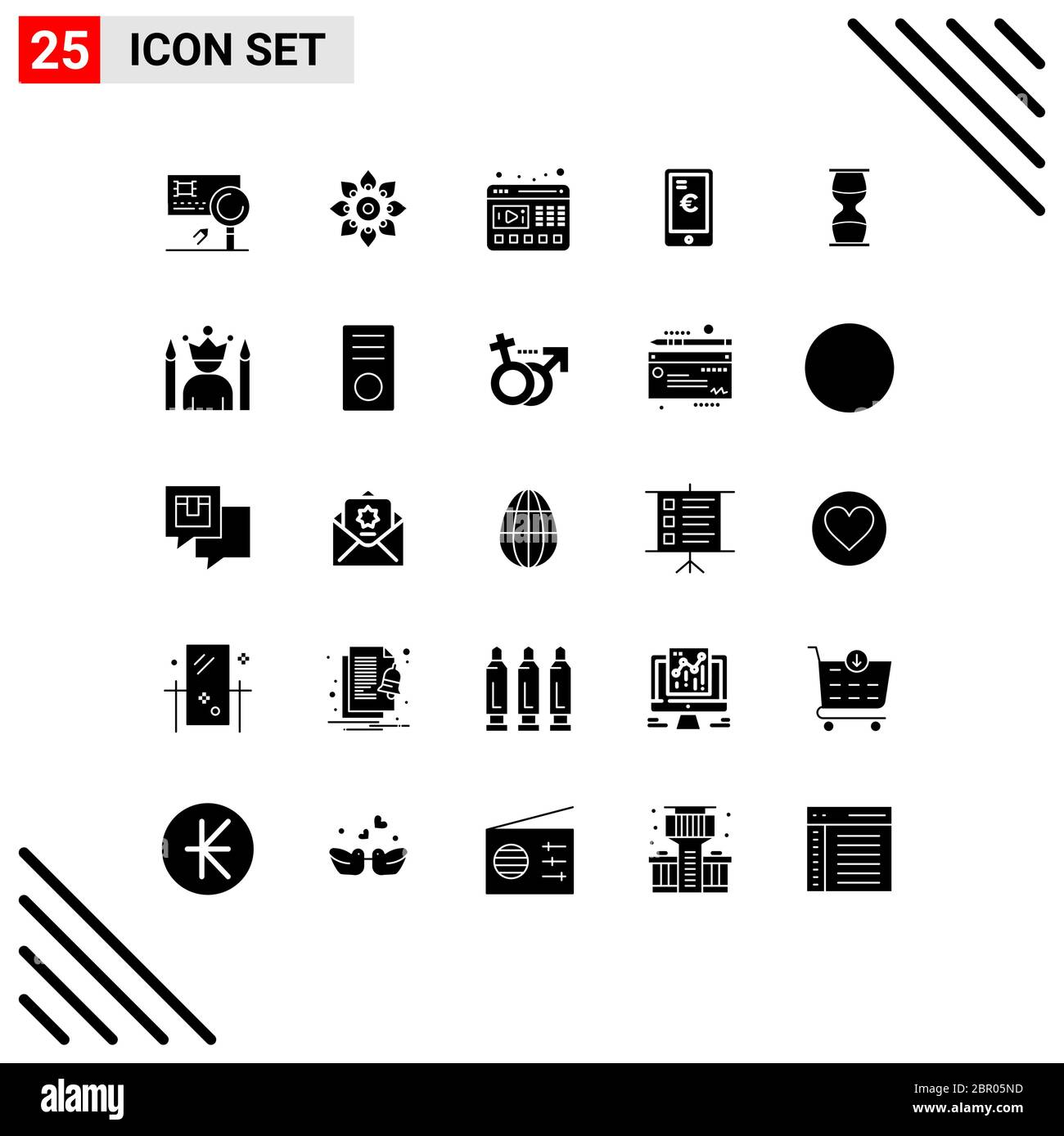 Confezione di 25 simboli e simboli solidi moderni per Web Print Media come euro, mobile, diwali, sito Web, video elementi editabili di Vector Design Illustrazione Vettoriale