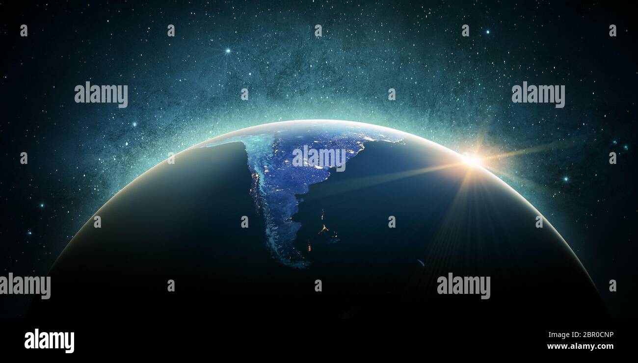 Sud America le luci della città. Il rendering 3D. Stelle le mie foto. Gli elementi di questa immagine fornita dalla NASA Foto Stock