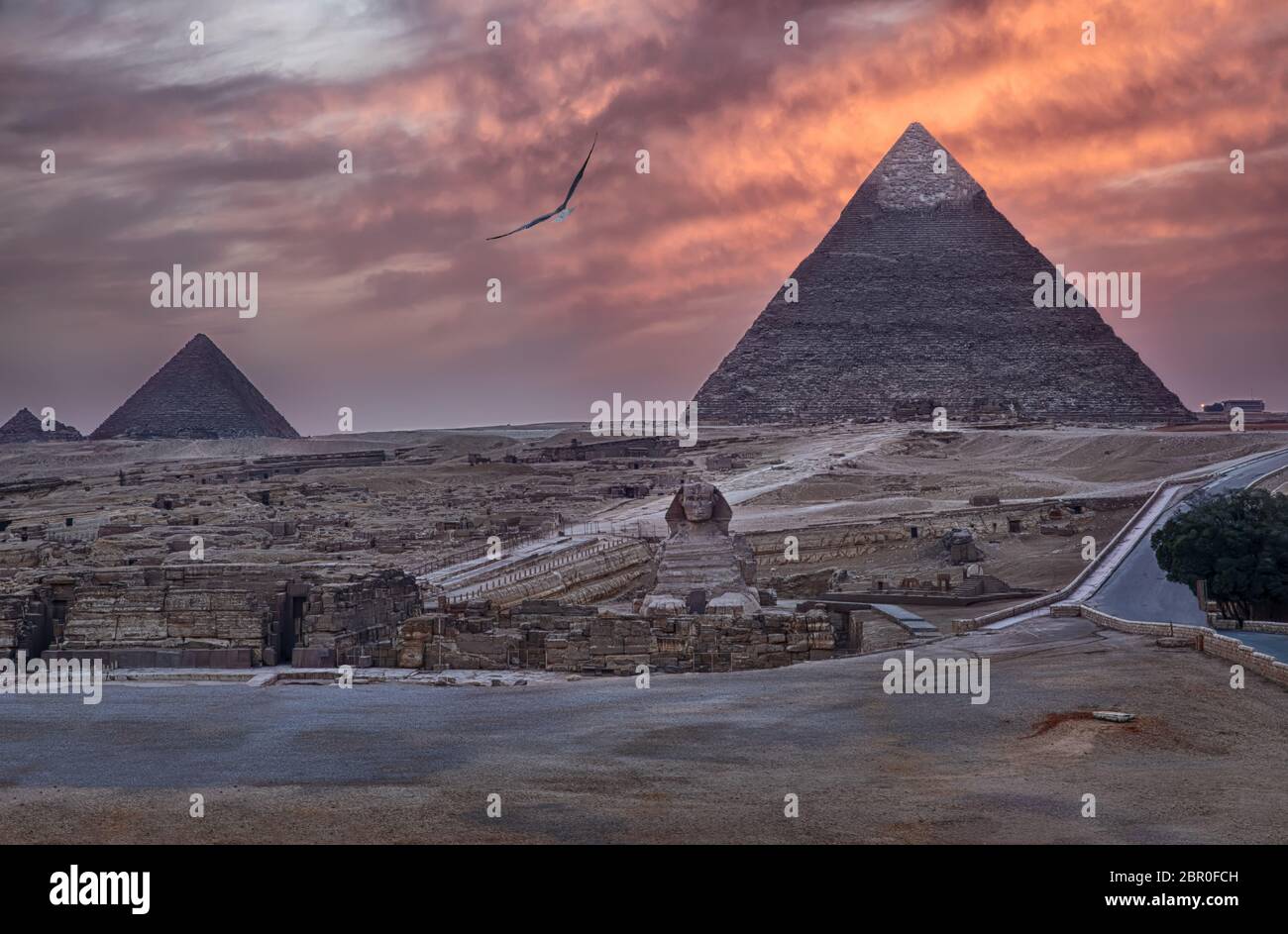 Le Piramidi di Giza e della Sfinge al tramonto, Egitto. Foto Stock