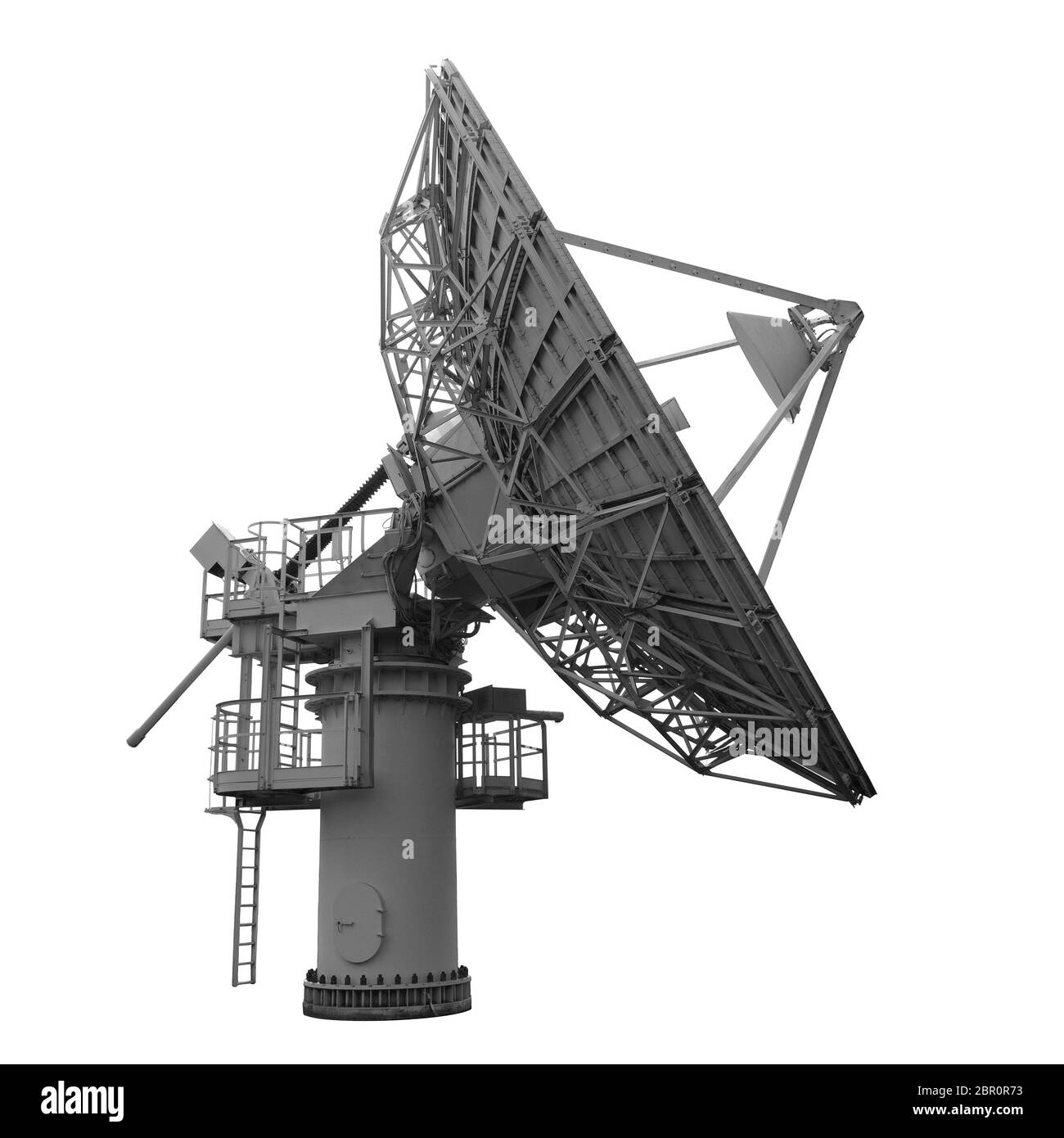 Disco parabolico antenna per le comunicazioni via satellite e delle telecomunicazioni vista laterale isolato su bianco Foto Stock