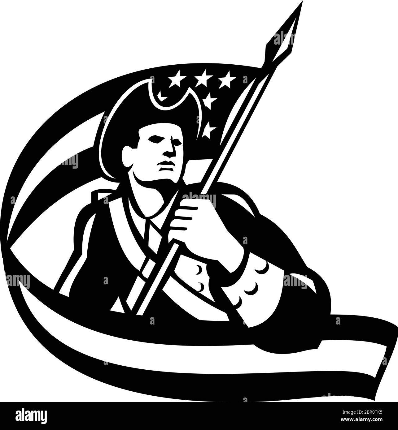 Illustrazione in bianco e nero di un rivoluzionario soldato patriota americano che sventolava stelle e strisce USA bandiera guardando al fianco in Independence Day fatto io Illustrazione Vettoriale