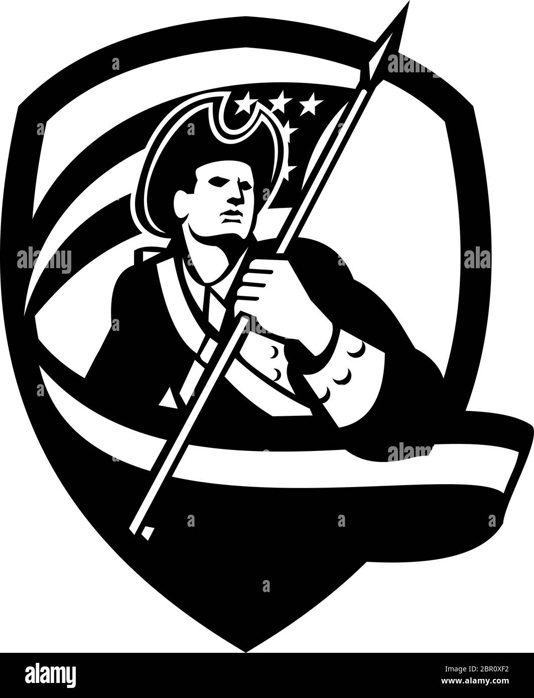 Illustrazione in bianco e nero di un rivoluzionario soldato patriota americano che sventolava stelle e strisce USA che guardano a lato all'interno della cresta dello scudo Illustrazione Vettoriale
