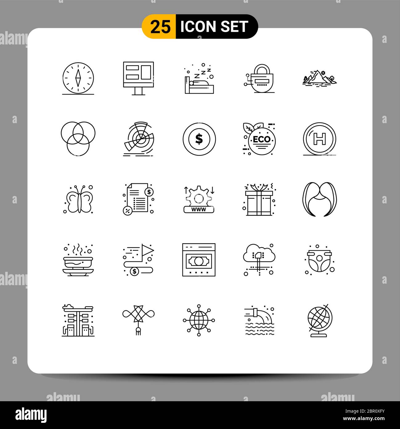 Set di linee di interfaccia mobile da 25 pittogrammi di elementi di progettazione vettoriale modificabili bloccati, paesaggi, natura, notte, passward Illustrazione Vettoriale