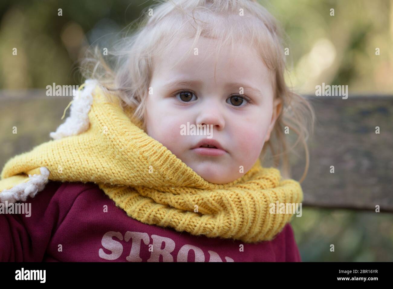 Bambino biondo di 18 mesi che indossa un caldo cappello di lana guardando la macchina fotografica, Regno Unito Foto Stock