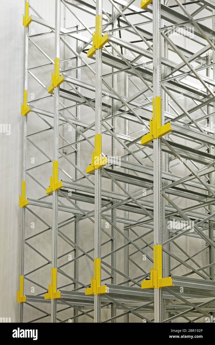 Nuovo sistema di scaffalatura rotaie in magazzino automatizzato Foto Stock