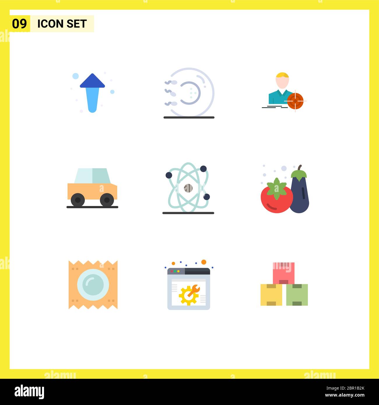 Set di 9 icone moderne dell'interfaccia utente simboli per Atom, Travel, medicine, car, Goal Editable Vector Design Elements Illustrazione Vettoriale