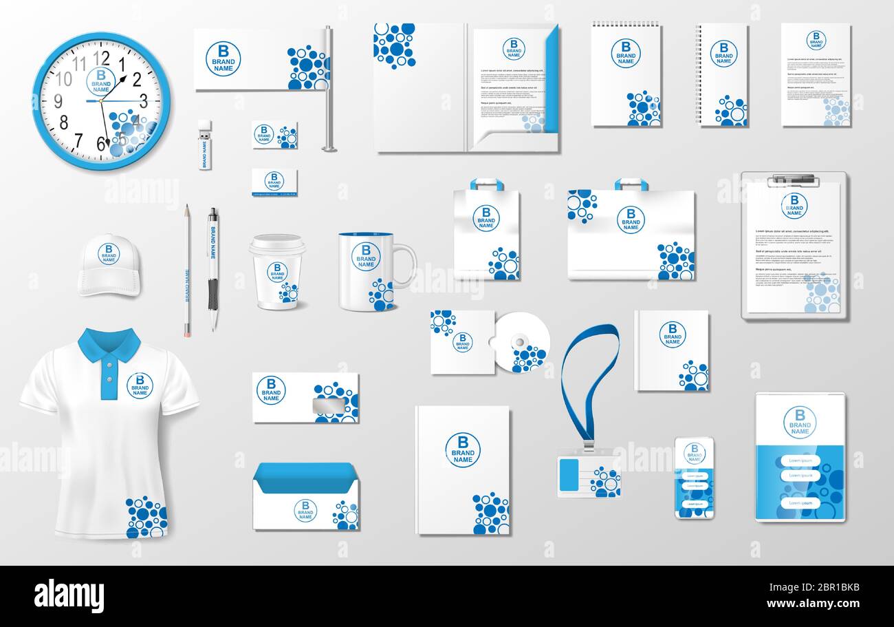 Modello di identità aziendale. Brand blue color astratto geometrico mockup su uniforme, confezione, tazza, carta intestata, rapporto annuale. Vettore realistico Illustrazione Vettoriale